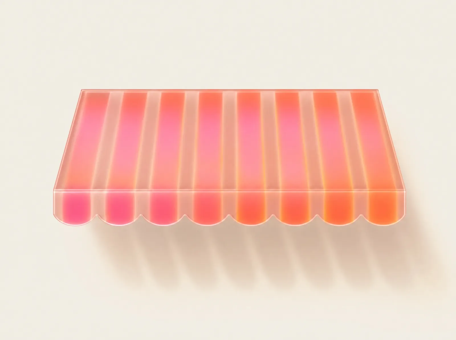 A glowing striped awning in warm red and pink