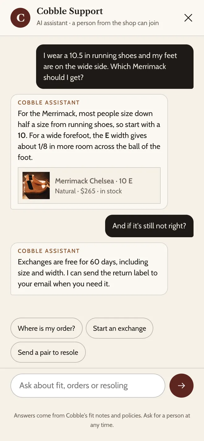 The Cobble assistant answering a size and width question on the product page