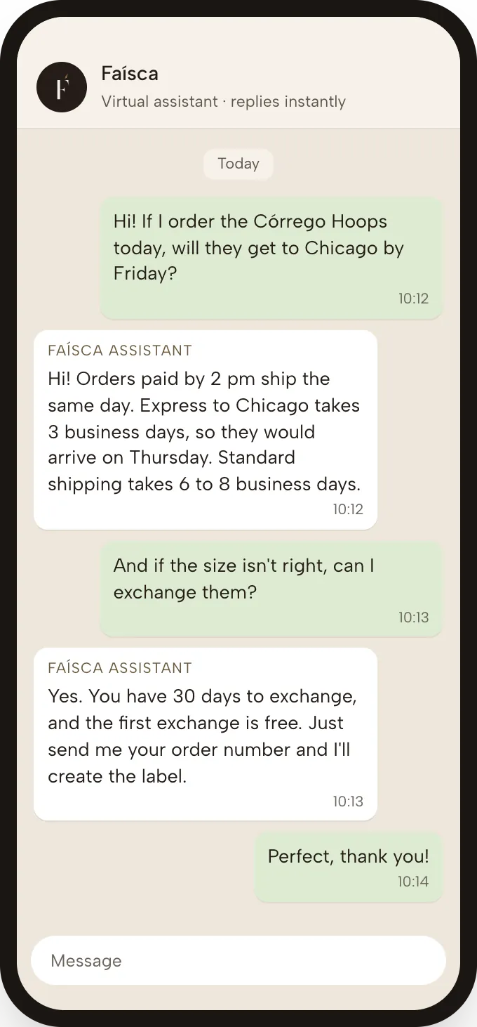 Example WhatsApp conversation with the Faísca assistant