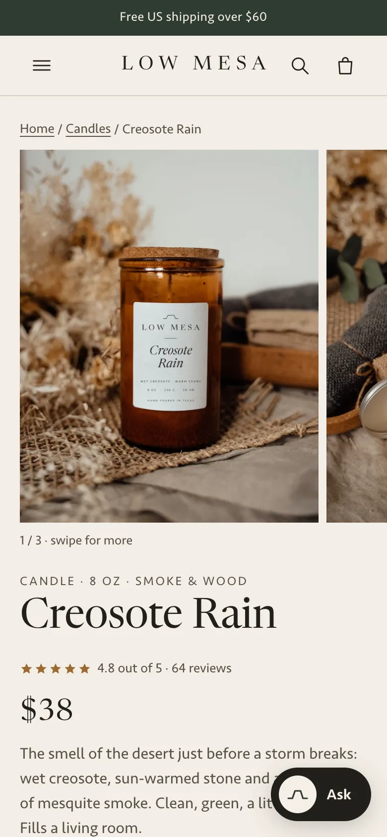 Low Mesa redesigned product page on mobile