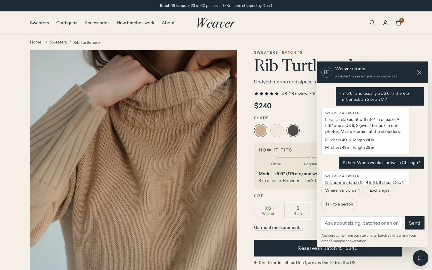The Weaver assistant answering a sizing question on the product page
