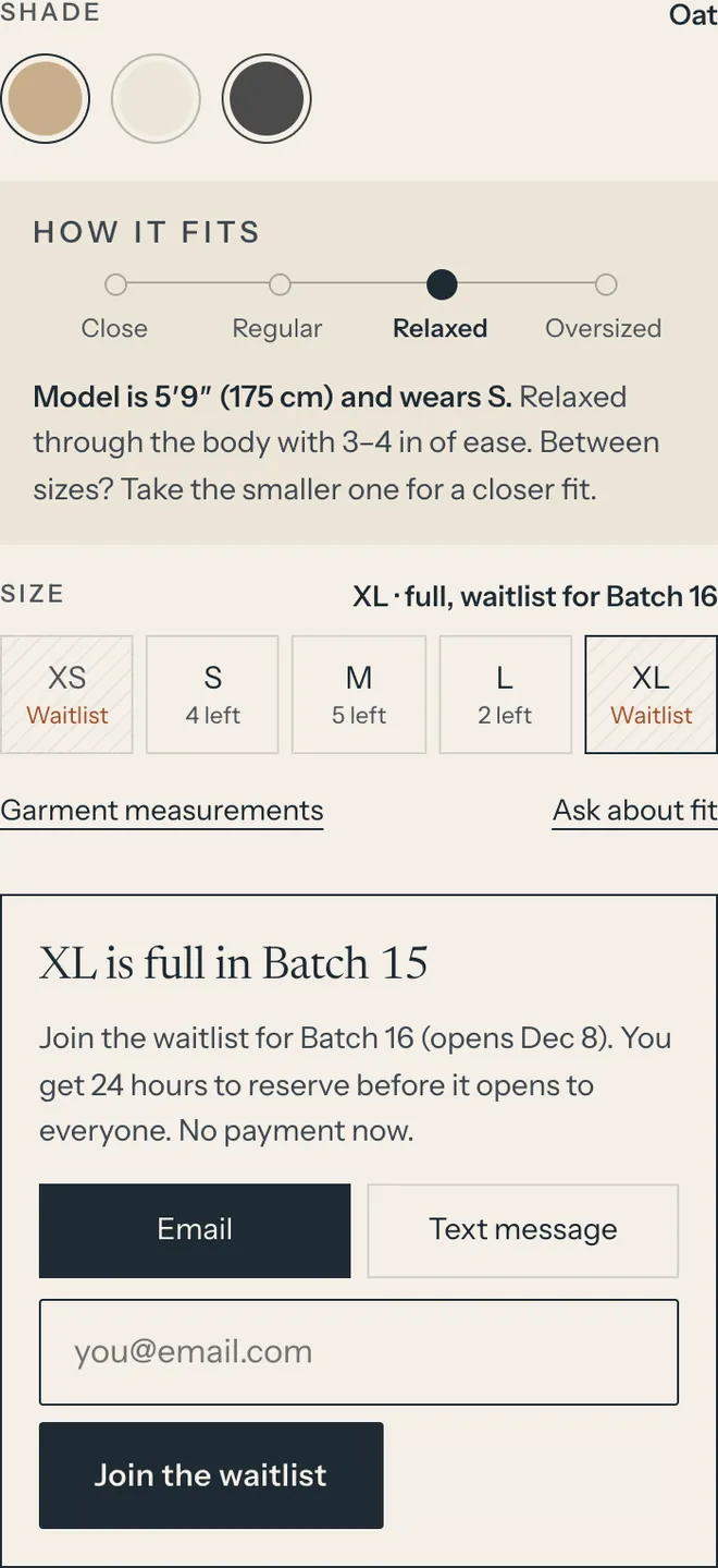 After: places left per size and the waitlist form