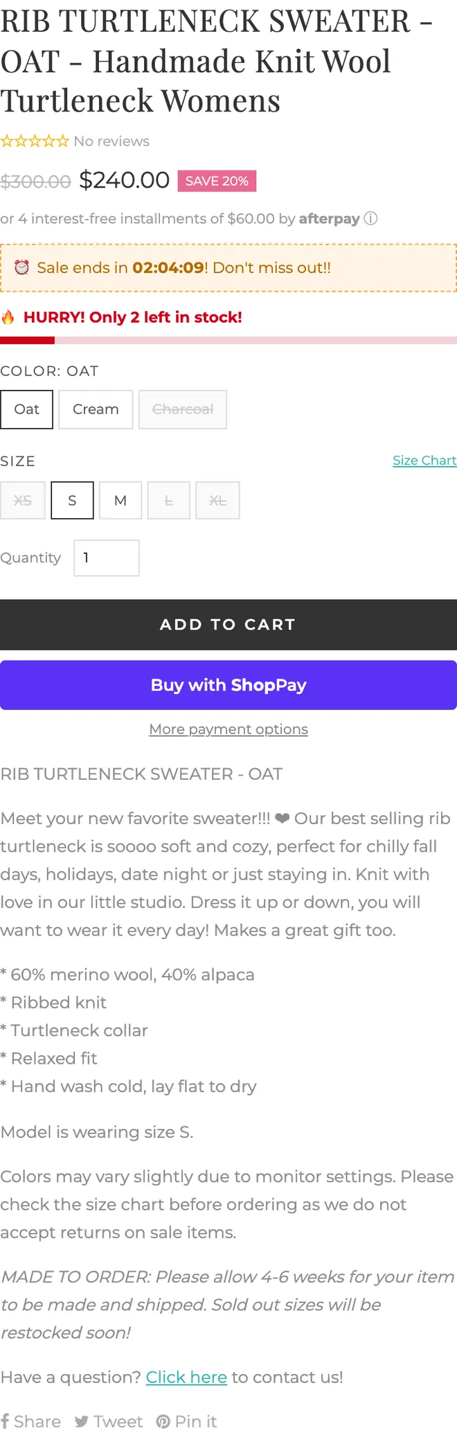 Before: product page with a countdown and crossed-out sizes